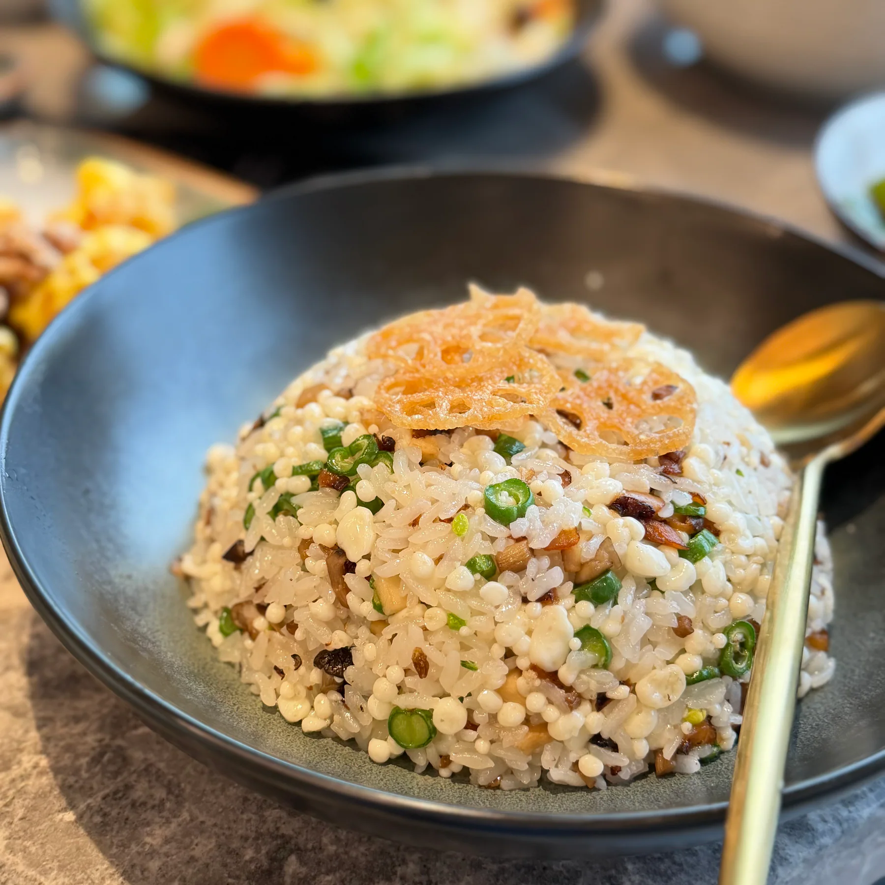 Black truffle and vegetable fried rice topped with crisp lotus root